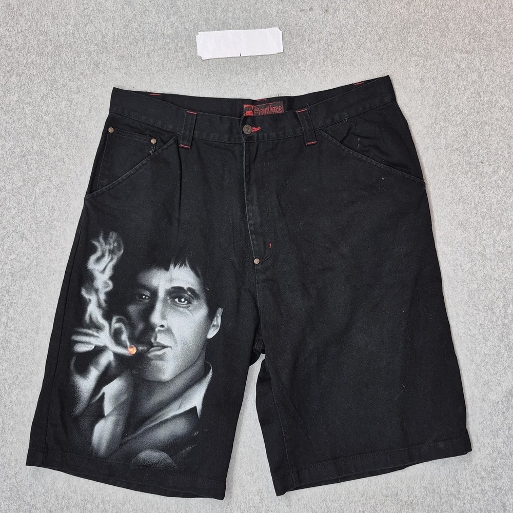 VINTAGE Scarface Men Shorts 38 Black Denim Tony Pacino Baggy Grunge Skater Y2K